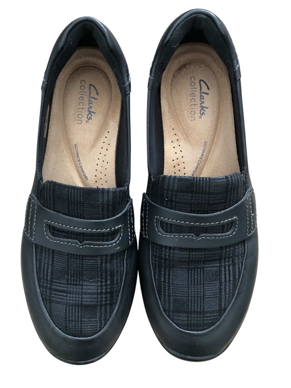 Clarks Ellowyn Penny Black Leather Plaid Slip-On Loafers Size 9